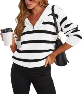 Pink Queen Womens Stripe Oversized Sweater 2024 Long Sleeve Collared Half Zip Pullover Tops Casual Fall Knit Sweater Outfit