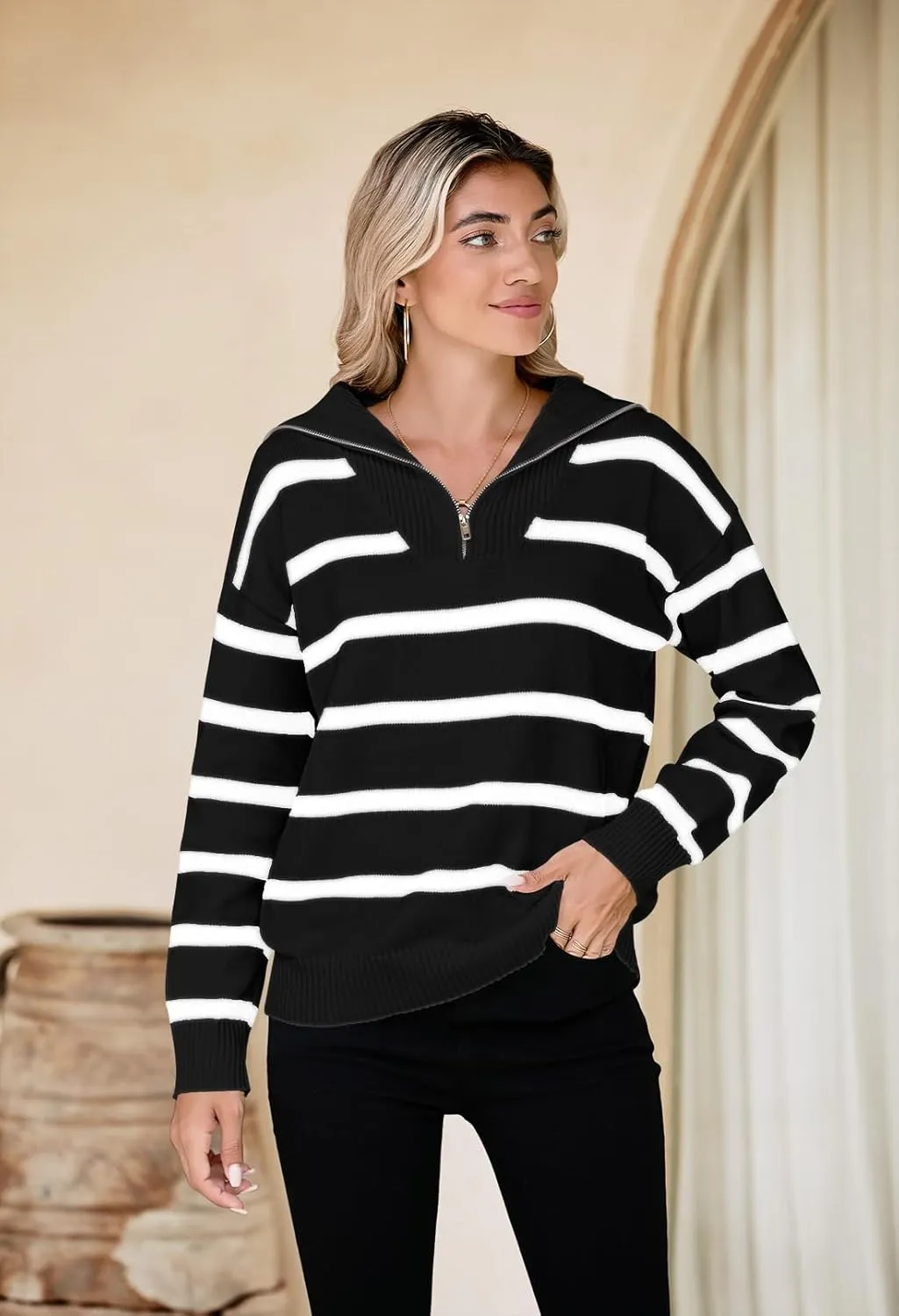 Pink Queen Womens Stripe Oversized Sweater 2024 Long Sleeve Collared Half Zip Pullover Tops Casual Fall Knit Sweater Outfit
