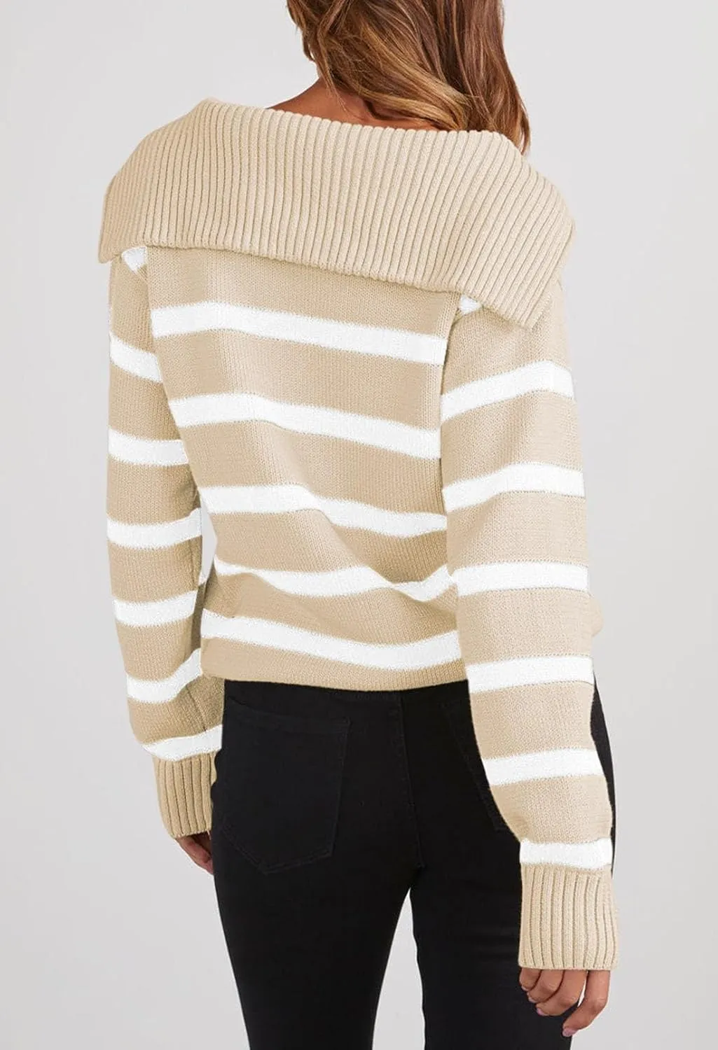 Pink Queen Womens Stripe Oversized Sweater 2024 Long Sleeve Collared Half Zip Pullover Tops Casual Fall Knit Sweater Outfit