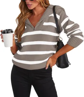 Pink Queen Womens Stripe Oversized Sweater 2024 Long Sleeve Collared Half Zip Pullover Tops Casual Fall Knit Sweater Outfit