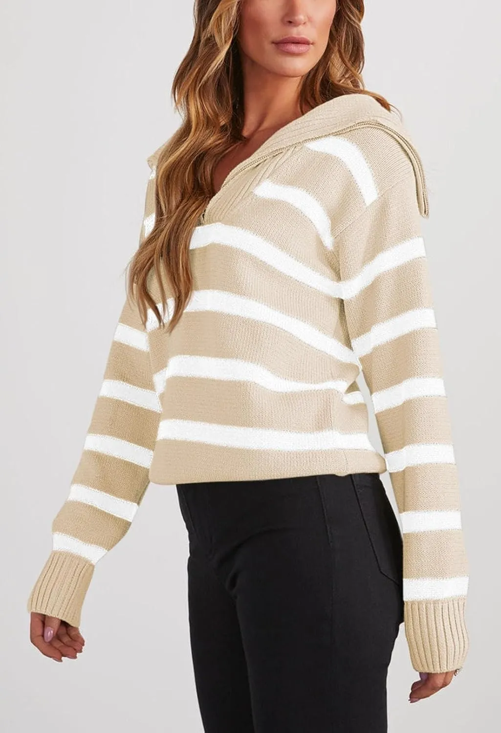Pink Queen Womens Stripe Oversized Sweater 2024 Long Sleeve Collared Half Zip Pullover Tops Casual Fall Knit Sweater Outfit