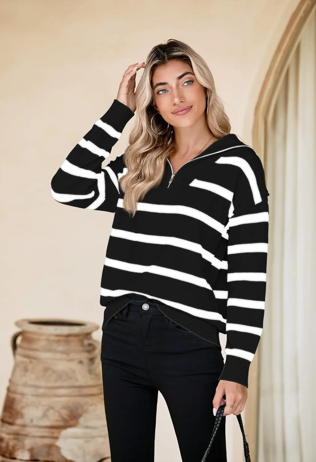 Pink Queen Womens Stripe Oversized Sweater 2024 Long Sleeve Collared Half Zip Pullover Tops Casual Fall Knit Sweater Outfit