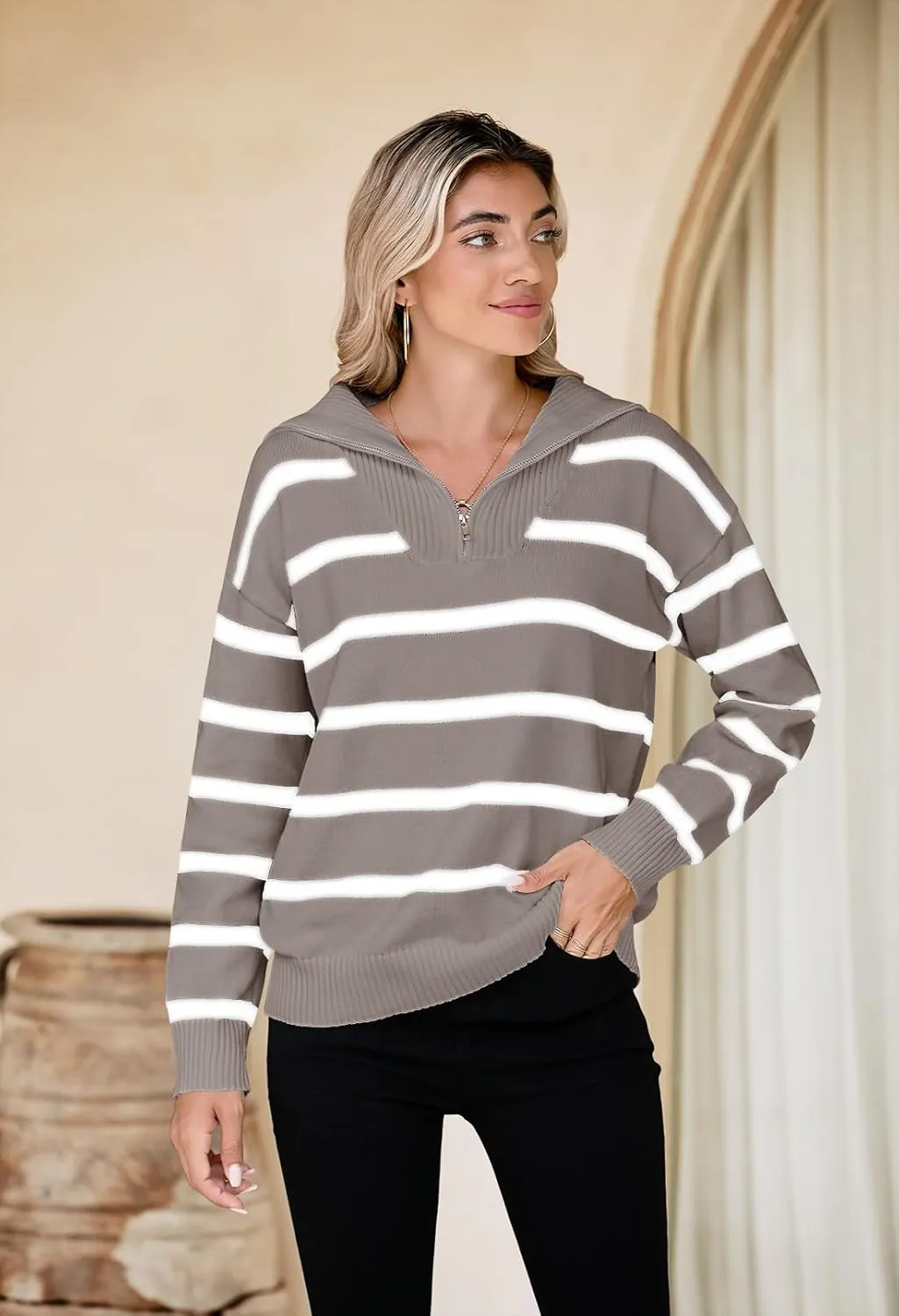 Pink Queen Womens Stripe Oversized Sweater 2024 Long Sleeve Collared Half Zip Pullover Tops Casual Fall Knit Sweater Outfit