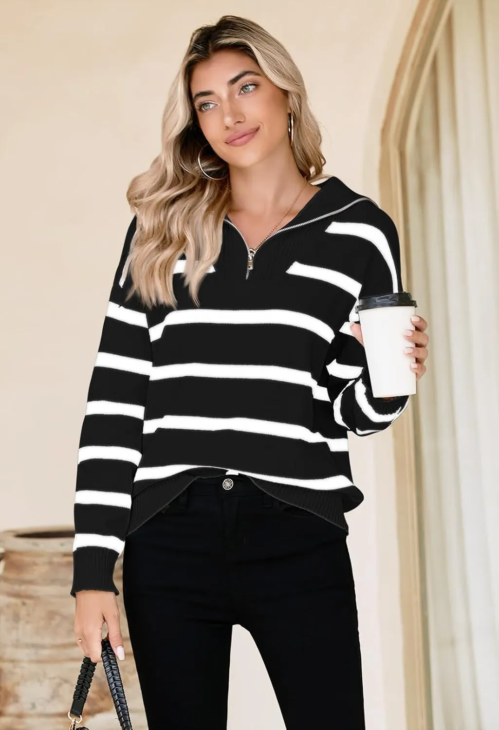 Pink Queen Womens Stripe Oversized Sweater 2024 Long Sleeve Collared Half Zip Pullover Tops Casual Fall Knit Sweater Outfit