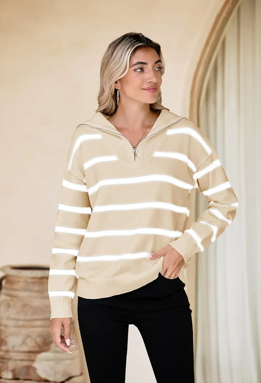 Pink Queen Womens Stripe Oversized Sweater 2024 Long Sleeve Collared Half Zip Pullover Tops Casual Fall Knit Sweater Outfit