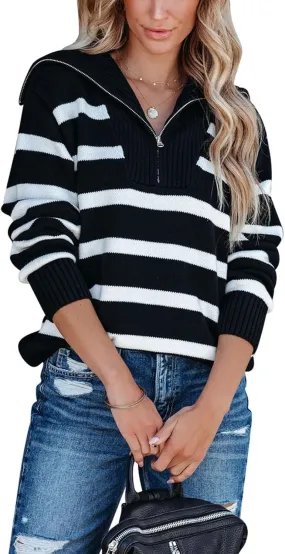 Pink Queen Womens Stripe Oversized Sweater 2024 Long Sleeve Collared Half Zip Pullover Tops Casual Fall Knit Sweater Outfit