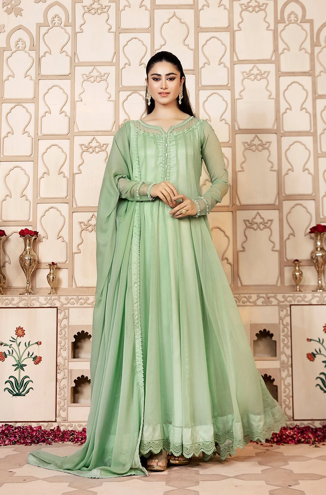 Pistachio Embellished Chiffon Frock (Ayzel)
