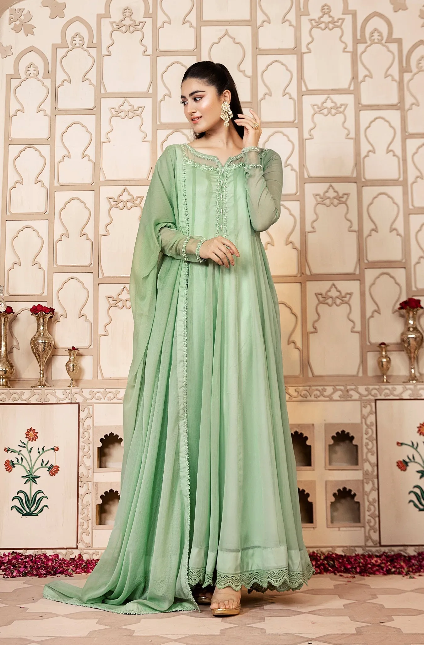 Pistachio Embellished Chiffon Frock (Ayzel)