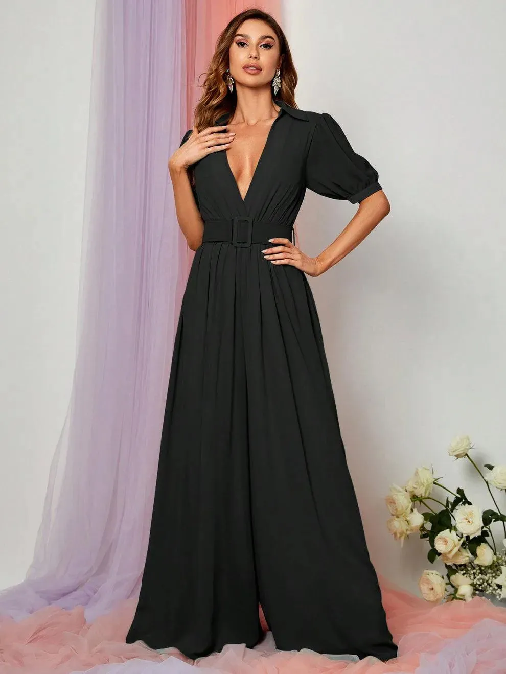 Plunging Neck Puff Sleeves Wide Leg Jumpsuit