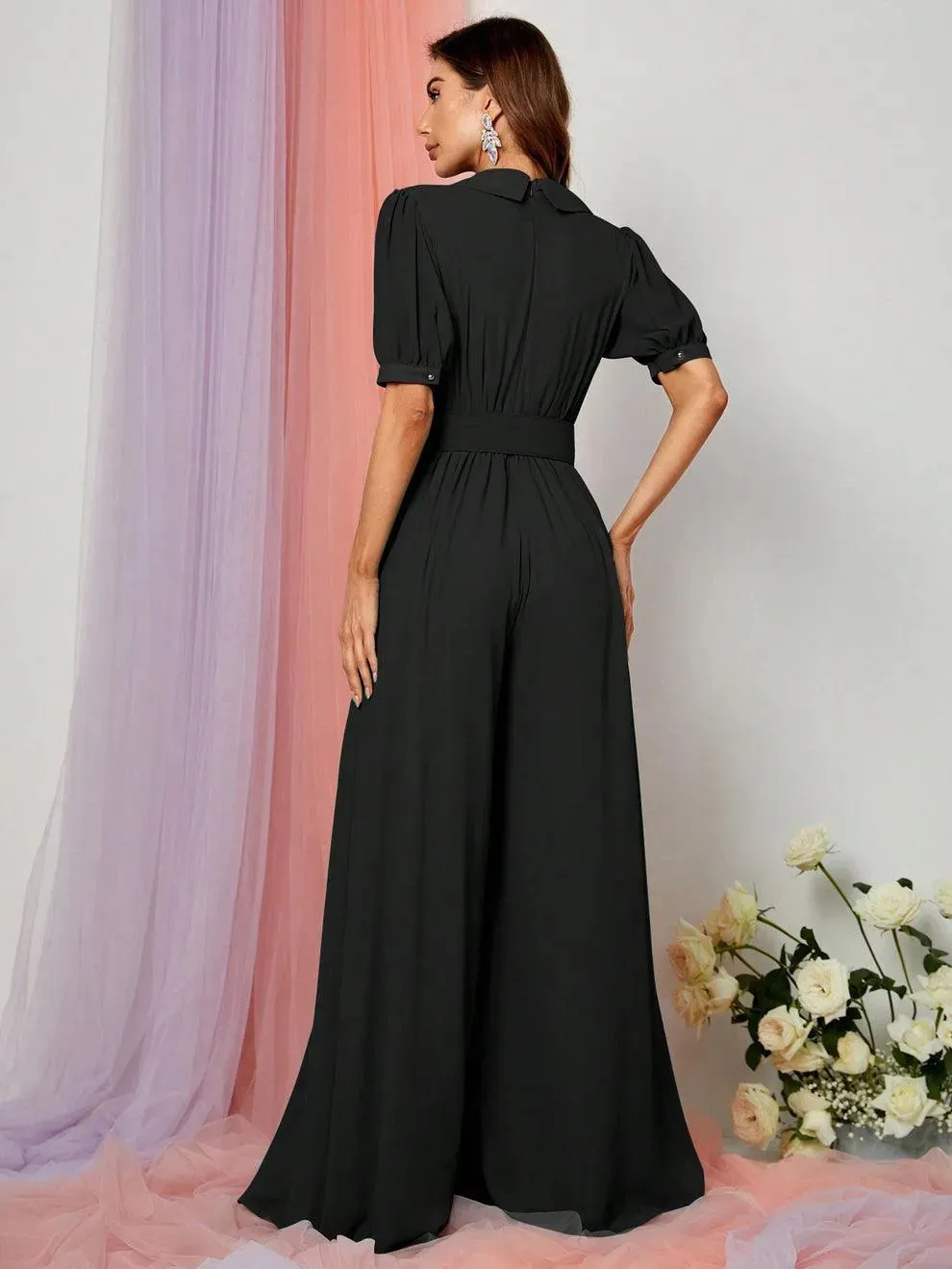 Plunging Neck Puff Sleeves Wide Leg Jumpsuit