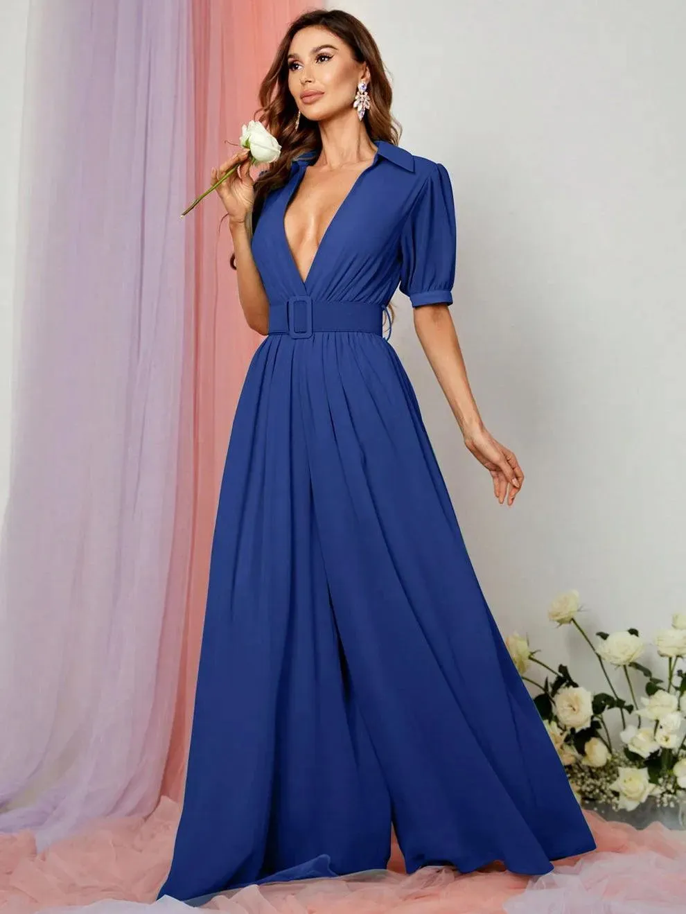 Plunging Neck Puff Sleeves Wide Leg Jumpsuit