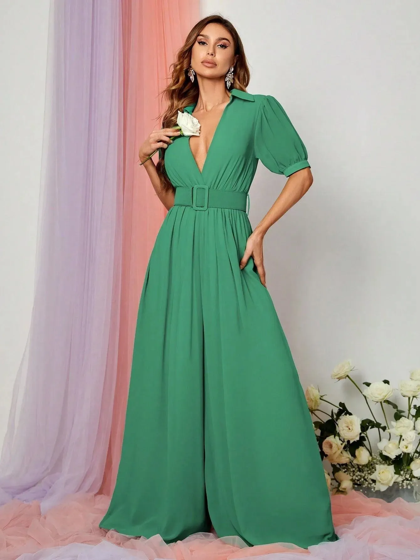 Plunging Neck Puff Sleeves Wide Leg Jumpsuit