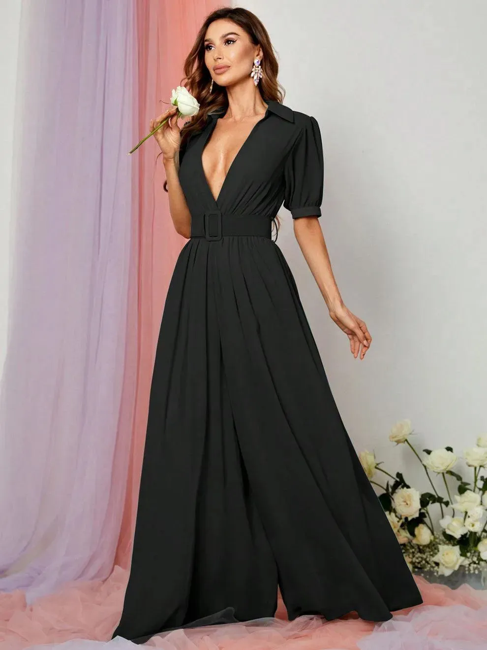 Plunging Neck Puff Sleeves Wide Leg Jumpsuit