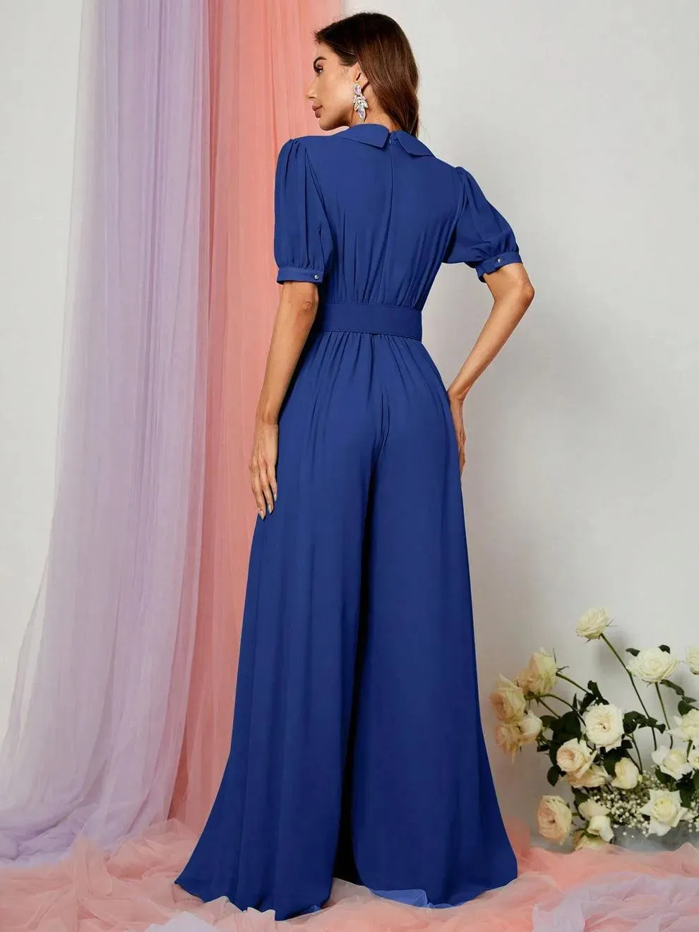 Plunging Neck Puff Sleeves Wide Leg Jumpsuit