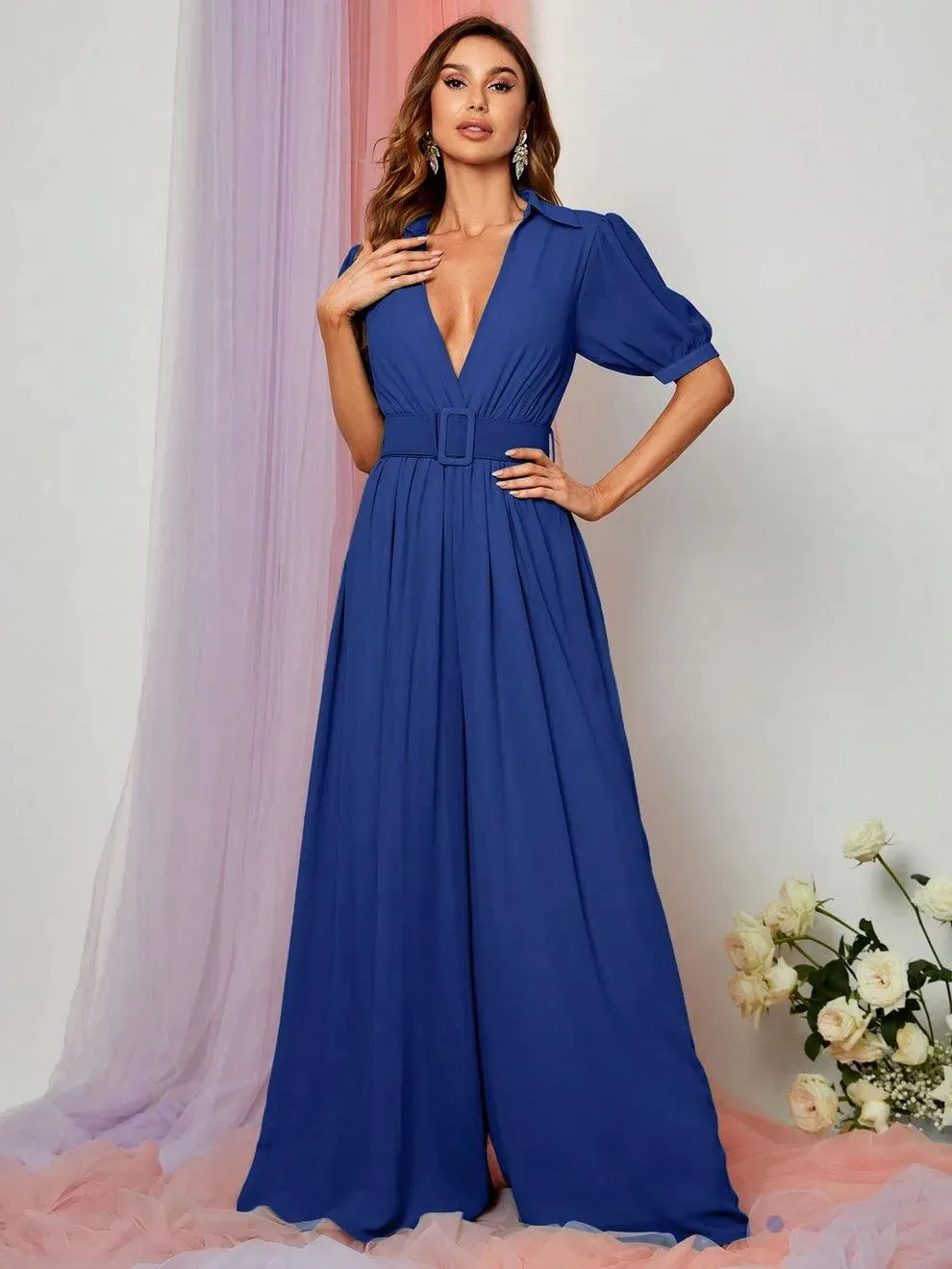 Plunging Neck Puff Sleeves Wide Leg Jumpsuit