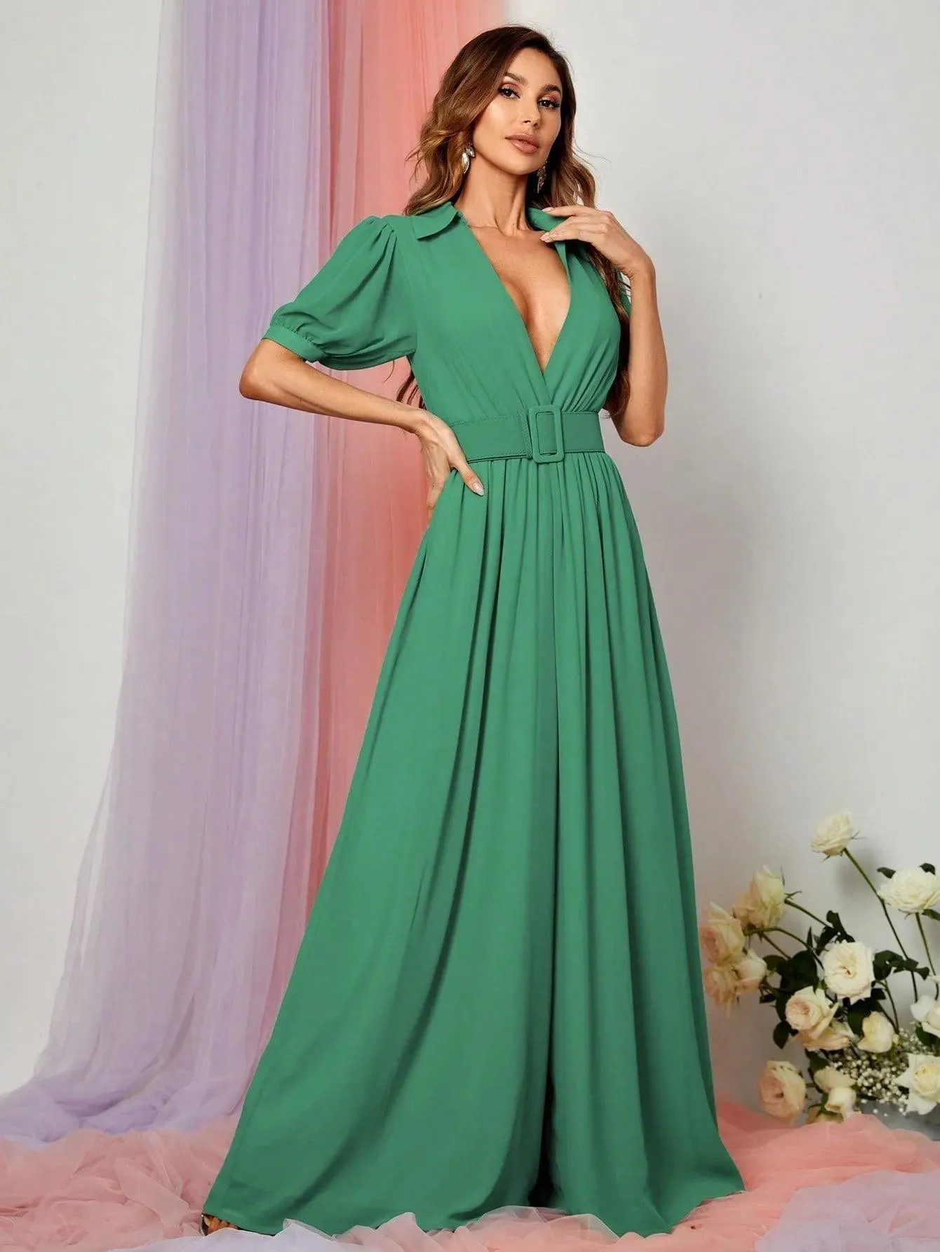 Plunging Neck Puff Sleeves Wide Leg Jumpsuit