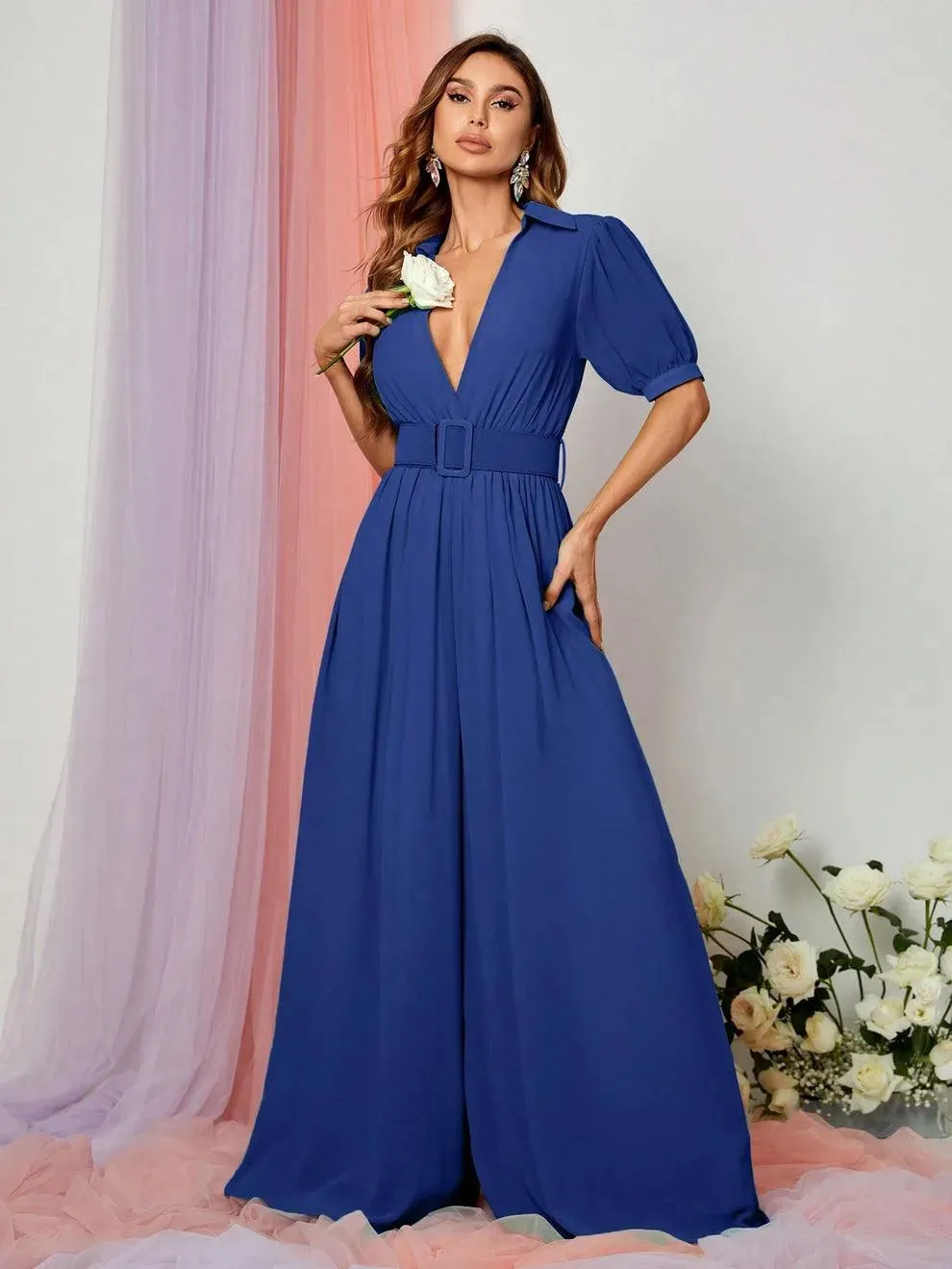 Plunging Neck Puff Sleeves Wide Leg Jumpsuit
