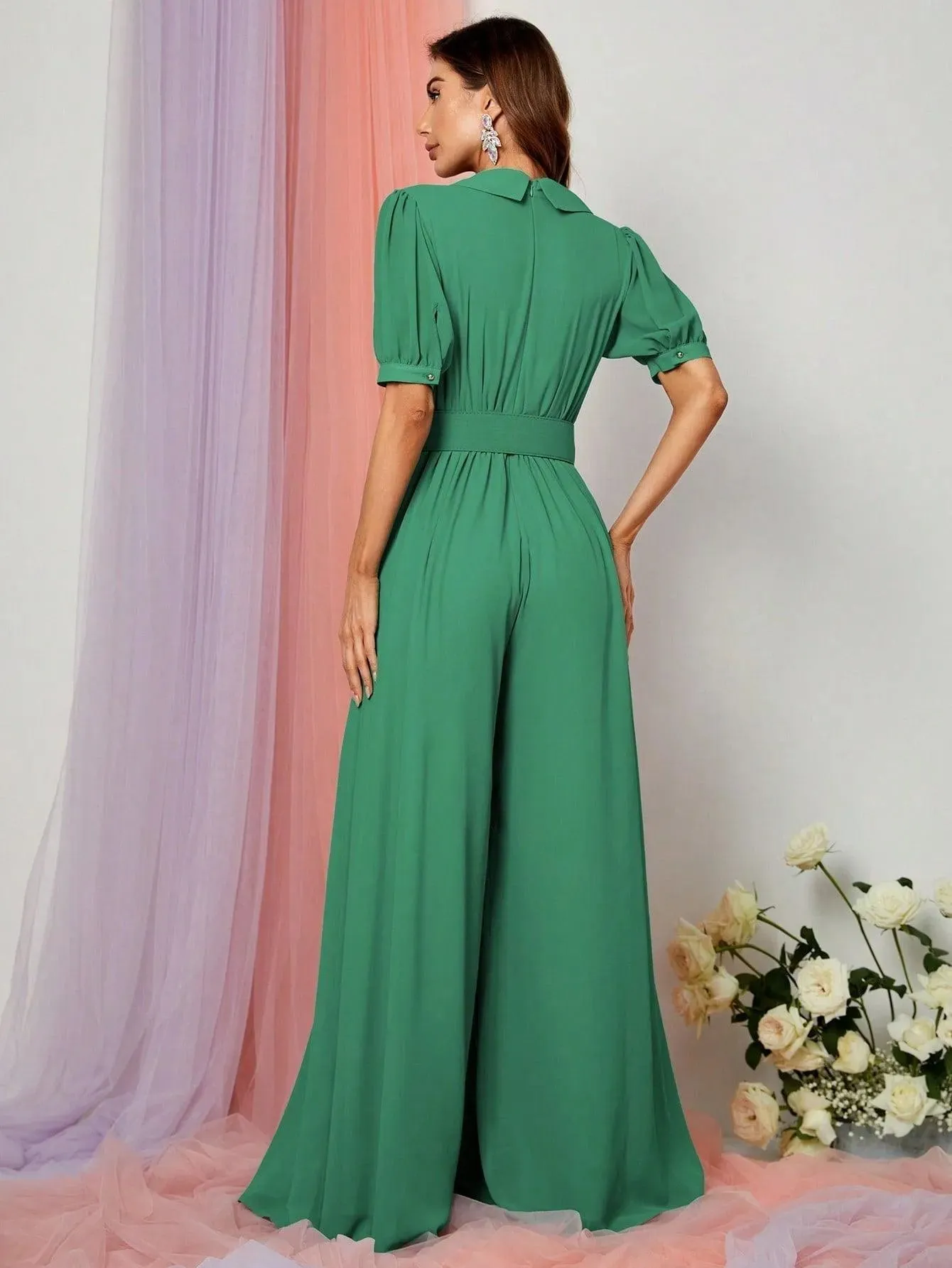 Plunging Neck Puff Sleeves Wide Leg Jumpsuit