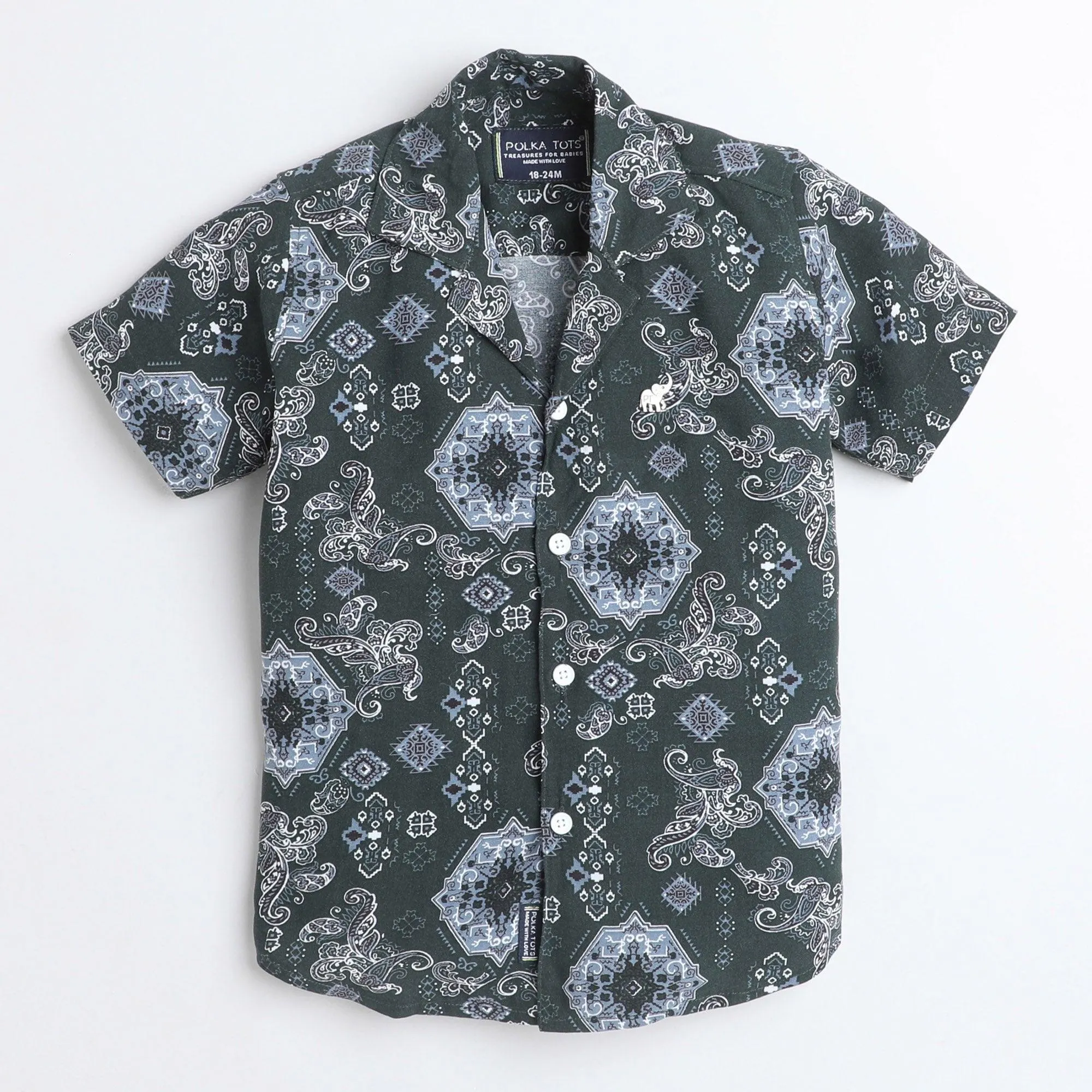 Polka Tots Cotton Half Sleeves Floral Printed Shirt - Dark Green