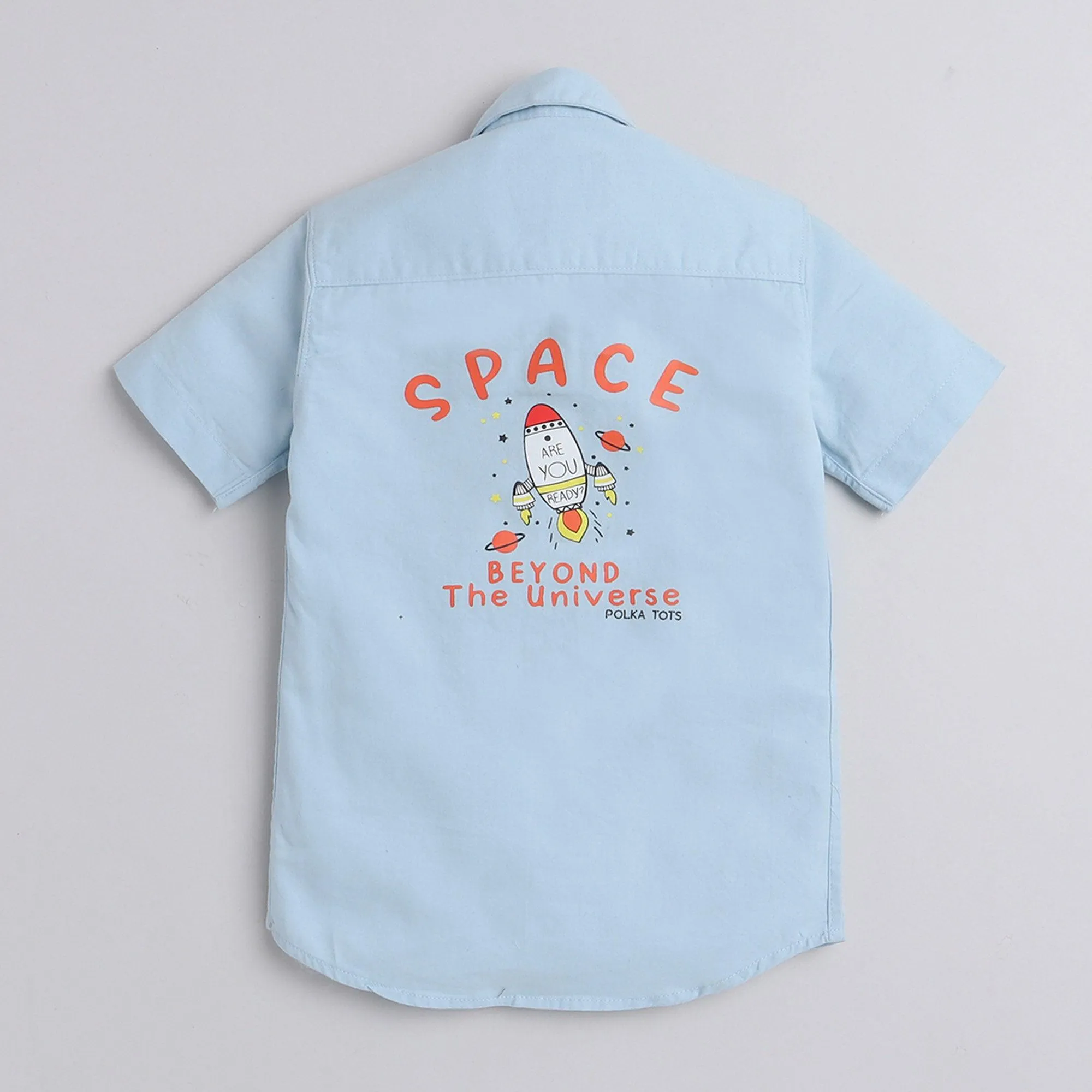 Polka Tots Cotton Regular Fit Half Sleeve Rocket Print Shirt - Sky Blue