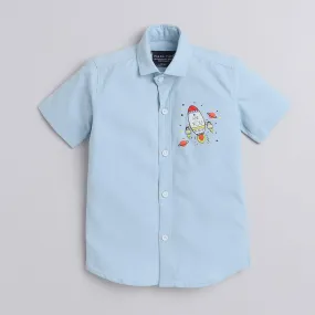 Polka Tots Cotton Regular Fit Half Sleeve Rocket Print Shirt - Sky Blue