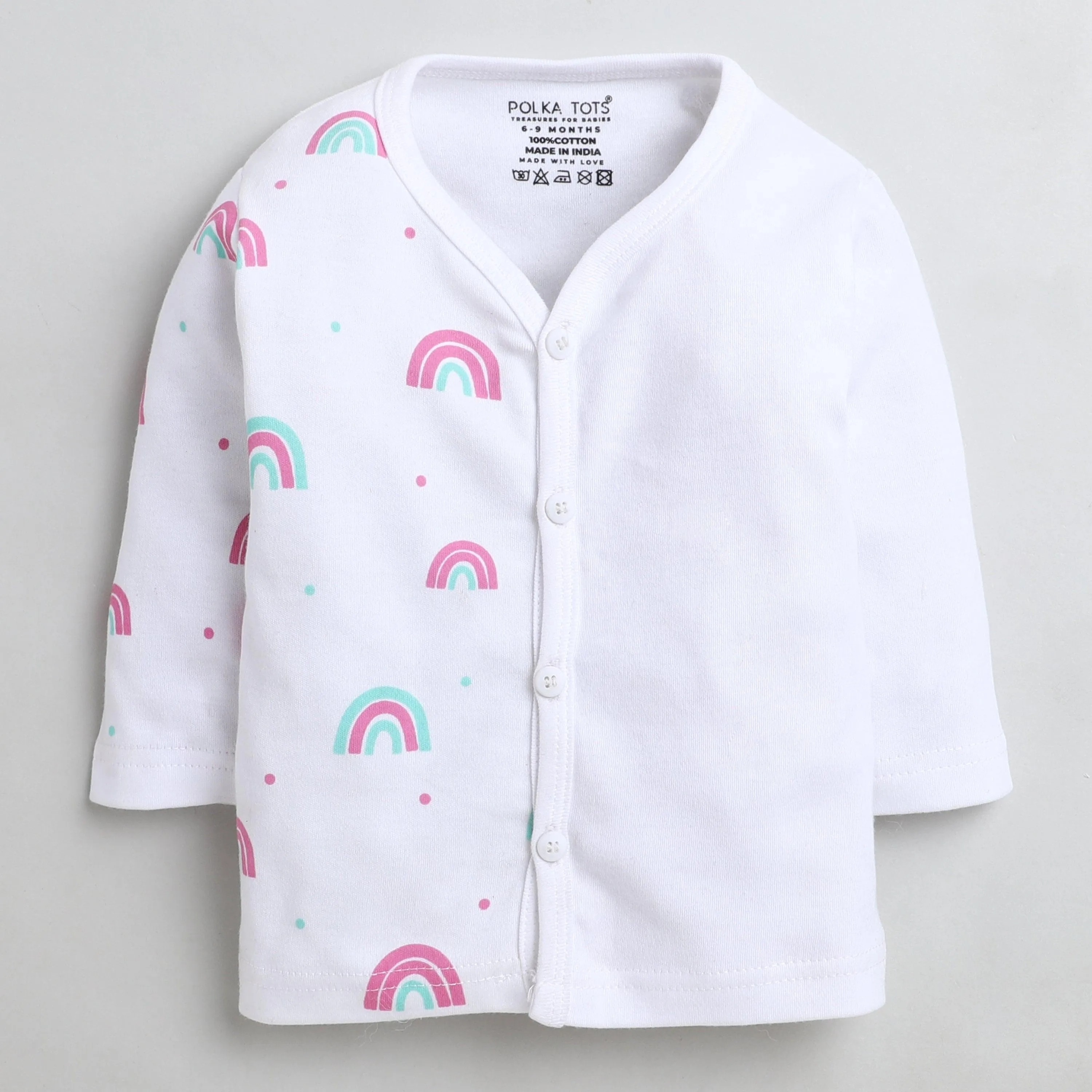 Polka Tots Full Sleeve Jabhla Vest White Half Side Rainbow - White