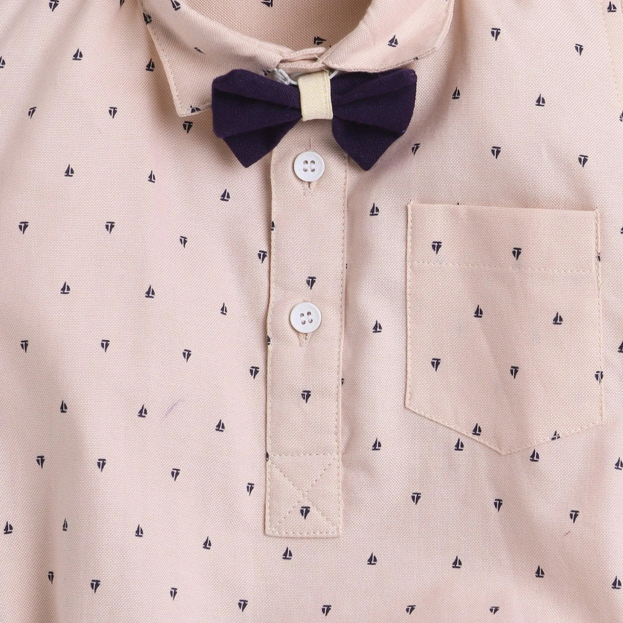 Polka Tots Half Sleeve Ship Print Party Wear Shirt Romper With Bow Tie - Peach