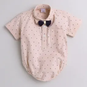 Polka Tots Half Sleeve Ship Print Party Wear Shirt Romper With Bow Tie - Peach