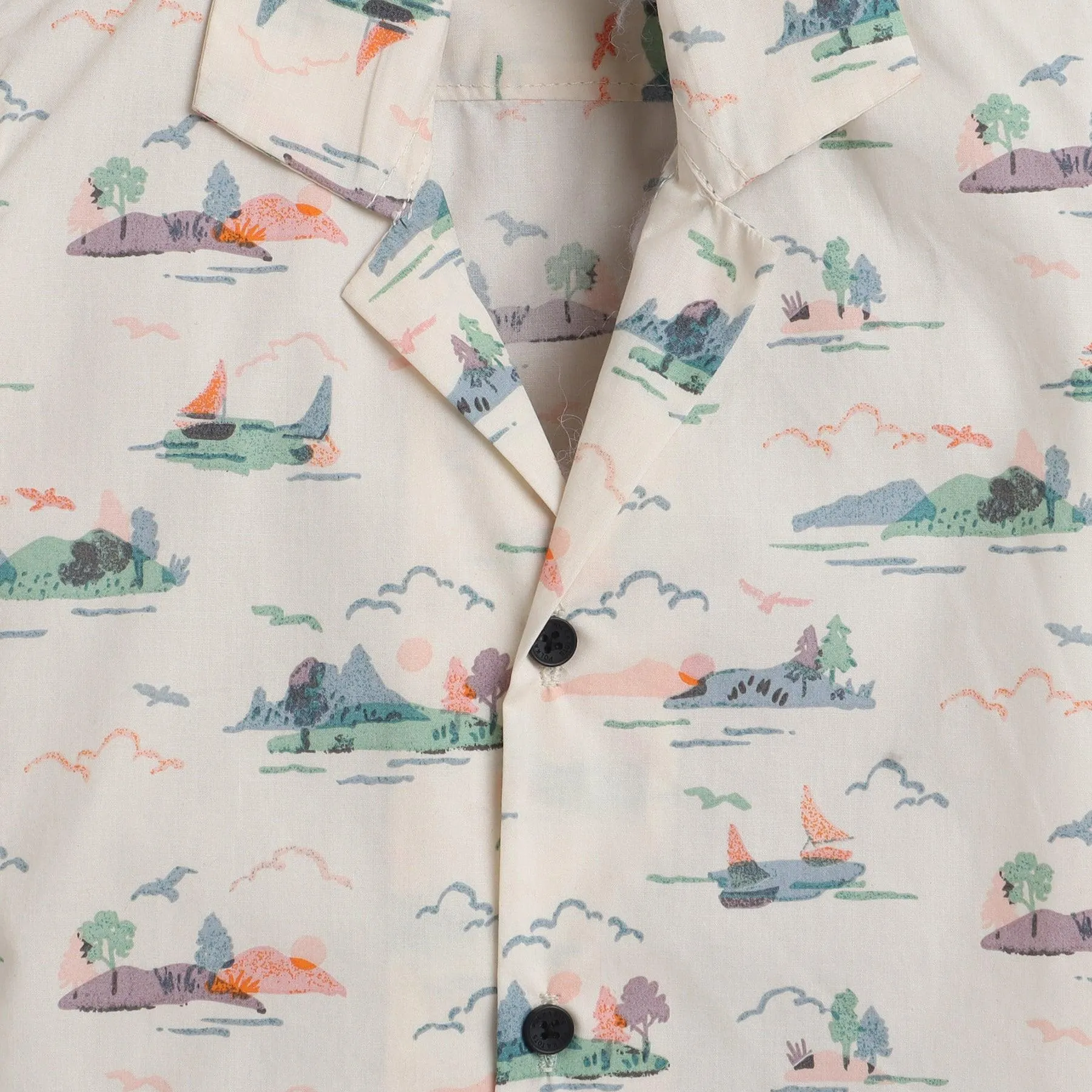 Polka Tots Half Sleeve Shirt Natural Scenery Print Roll Up Sleeve - Yellow