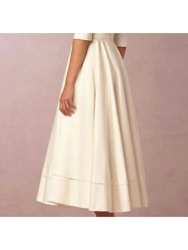 Reception Vintage 1940s / 1950s Little White Dresses Wedding Dresses A-Line V Neck Half Sleeve Tea Length Satin Bridal Gowns With Pleats 2023 Summer Wedding Party, Women's Clothing