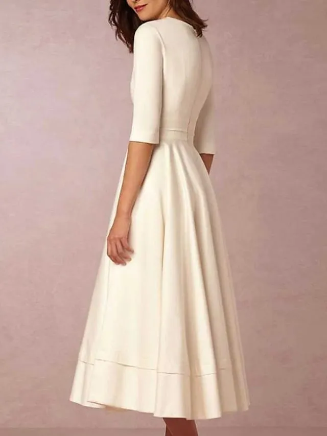 Reception Vintage 1940s / 1950s Little White Dresses Wedding Dresses A-Line V Neck Half Sleeve Tea Length Satin Bridal Gowns With Pleats 2023 Summer Wedding Party, Women's Clothing