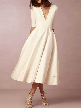 Reception Vintage 1940s / 1950s Little White Dresses Wedding Dresses A-Line V Neck Half Sleeve Tea Length Satin Bridal Gowns With Pleats 2023 Summer Wedding Party, Women's Clothing
