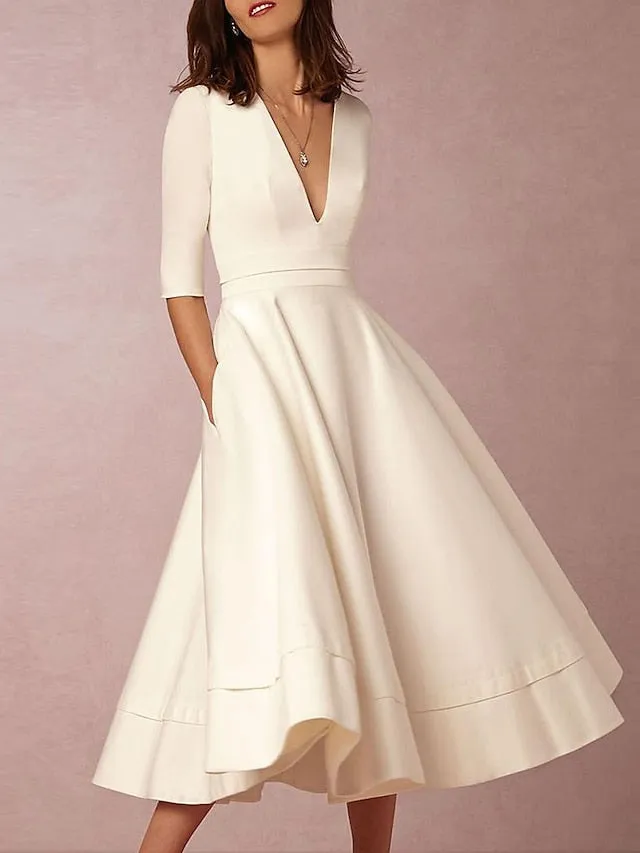 Reception Vintage 1940s / 1950s Little White Dresses Wedding Dresses A-Line V Neck Half Sleeve Tea Length Satin Bridal Gowns With Pleats 2023 Summer Wedding Party, Women's Clothing