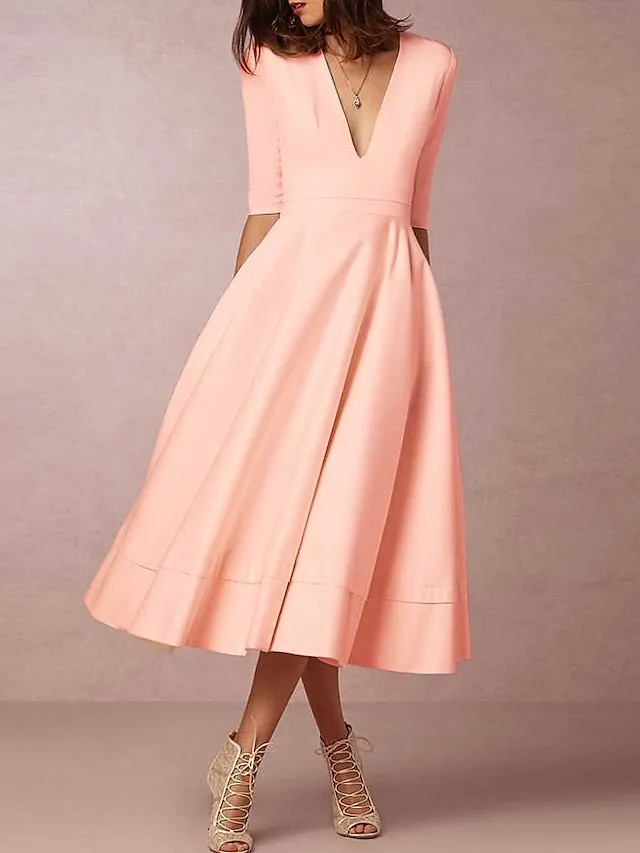 Reception Vintage 1940s / 1950s Little White Dresses Wedding Dresses A-Line V Neck Half Sleeve Tea Length Satin Bridal Gowns With Pleats 2023 Summer Wedding Party, Women's Clothing