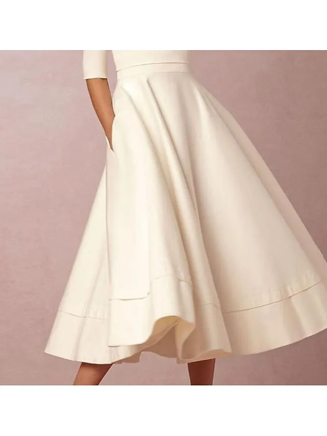 Reception Vintage 1940s / 1950s Little White Dresses Wedding Dresses A-Line V Neck Half Sleeve Tea Length Satin Bridal Gowns With Pleats 2023 Summer Wedding Party, Women's Clothing