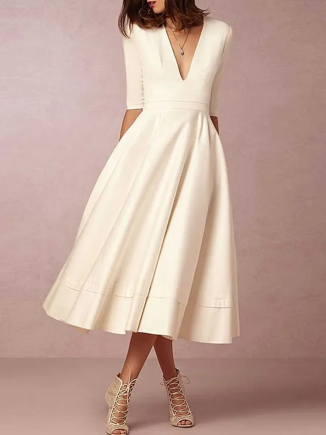 Reception Vintage 1940s / 1950s Little White Dresses Wedding Dresses A-Line V Neck Half Sleeve Tea Length Satin Bridal Gowns With Pleats 2023 Summer Wedding Party, Women's Clothing