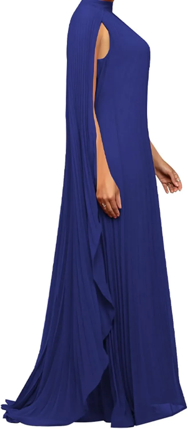Seltaon Women's Chiffon Pleated Flowy Maxi Dresses Cape Sleeve Pleated Cocktail Evening Party Dress