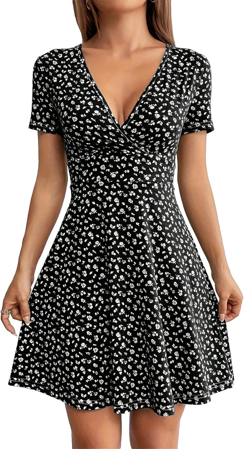 SKAYS Women's Casual Dresses, Women's Spring Summer Wrap V Neck Solid Color Floral Flowing Dress