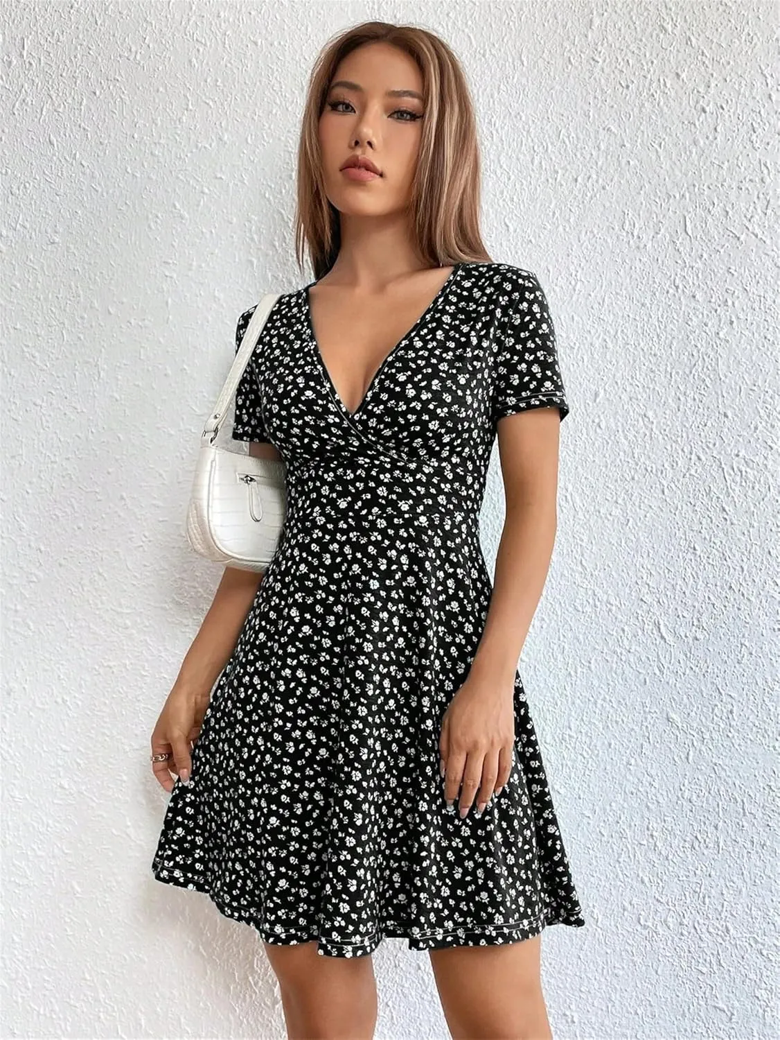 SKAYS Women's Casual Dresses, Women's Spring Summer Wrap V Neck Solid Color Floral Flowing Dress