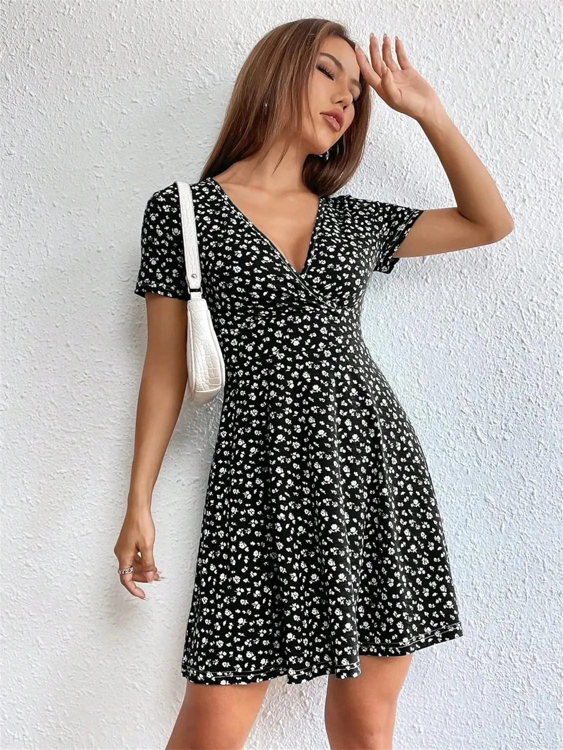 SKAYS Women's Casual Dresses, Women's Spring Summer Wrap V Neck Solid Color Floral Flowing Dress