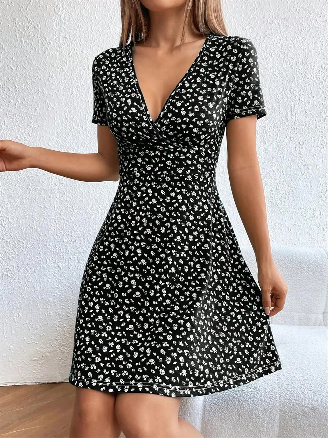 SKAYS Women's Casual Dresses, Women's Spring Summer Wrap V Neck Solid Color Floral Flowing Dress