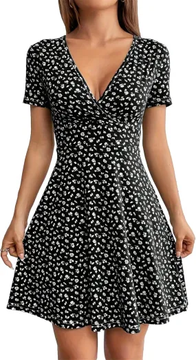 SKAYS Women's Casual Dresses, Women's Spring Summer Wrap V Neck Solid Color Floral Flowing Dress