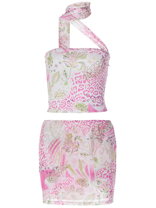 Street Style Fresh Pink New Halter Neck Vest Short Hip Print Skirt Suit
