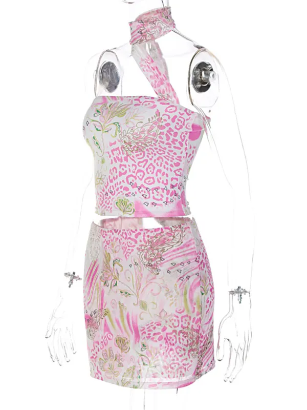 Street Style Fresh Pink New Halter Neck Vest Short Hip Print Skirt Suit