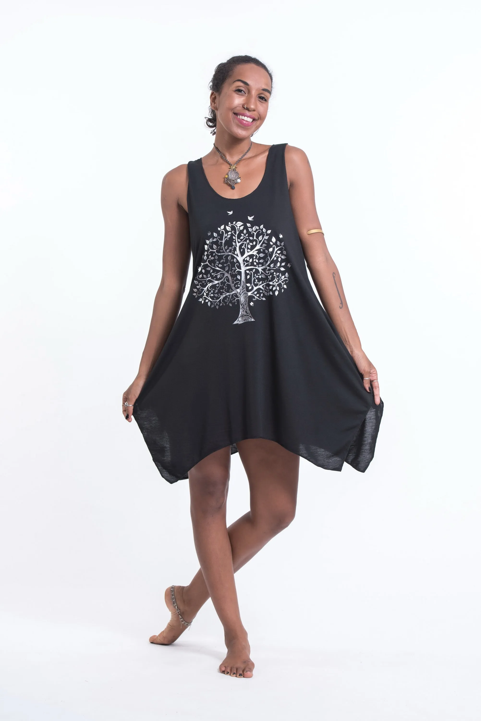 Super Soft Cotton Bodhi Tree Tank Dress Silver on Black
