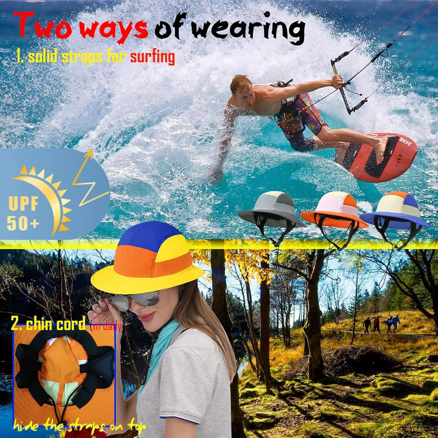 Surf Hat Bucket Sun Hats for Surfing Boating Water-Sports Men and Women-Quick Drying Adjustable Chin Strap