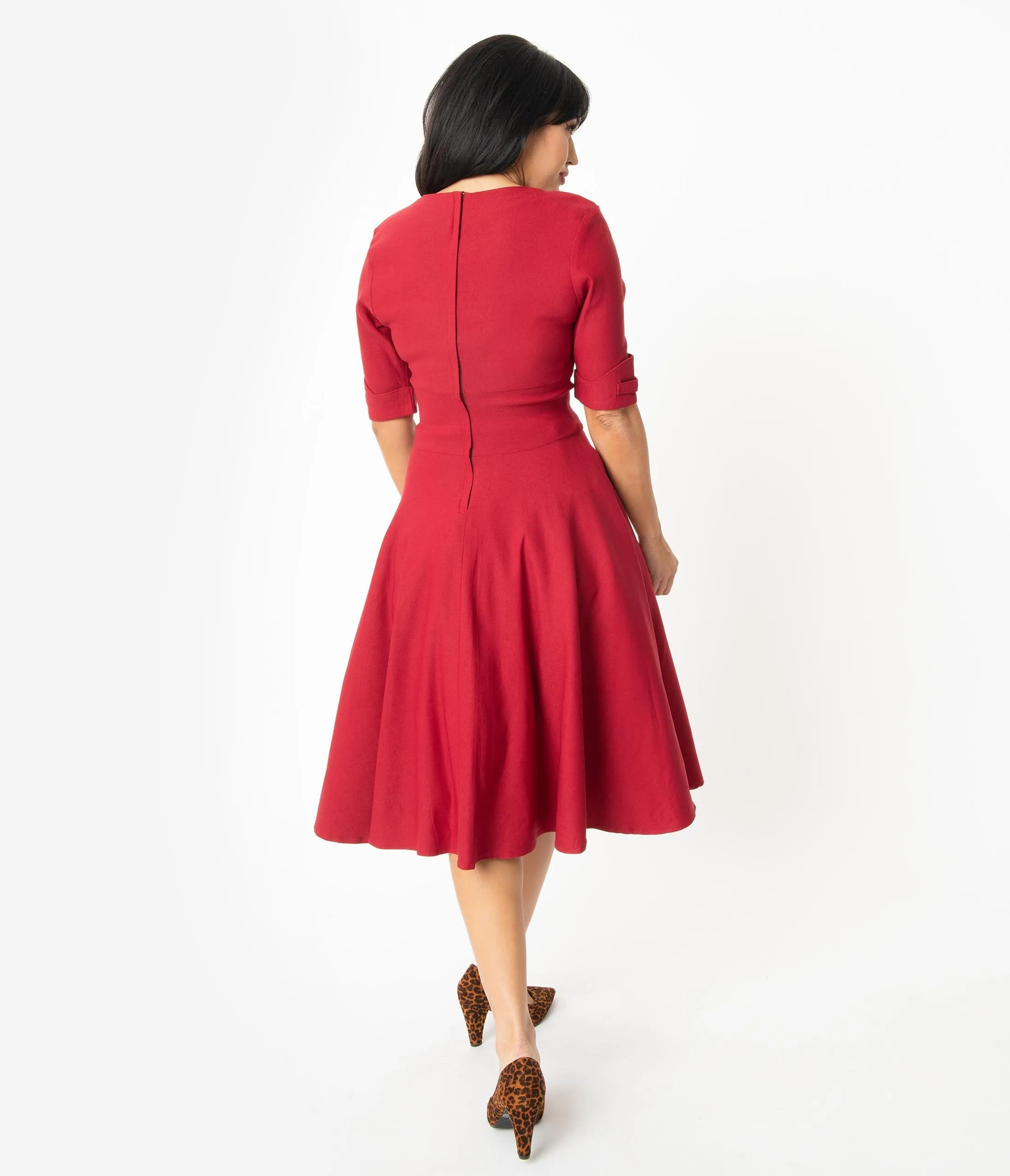 Unique Vintage 1950s Merlot Red Delores Swing Dress with Sleeves
