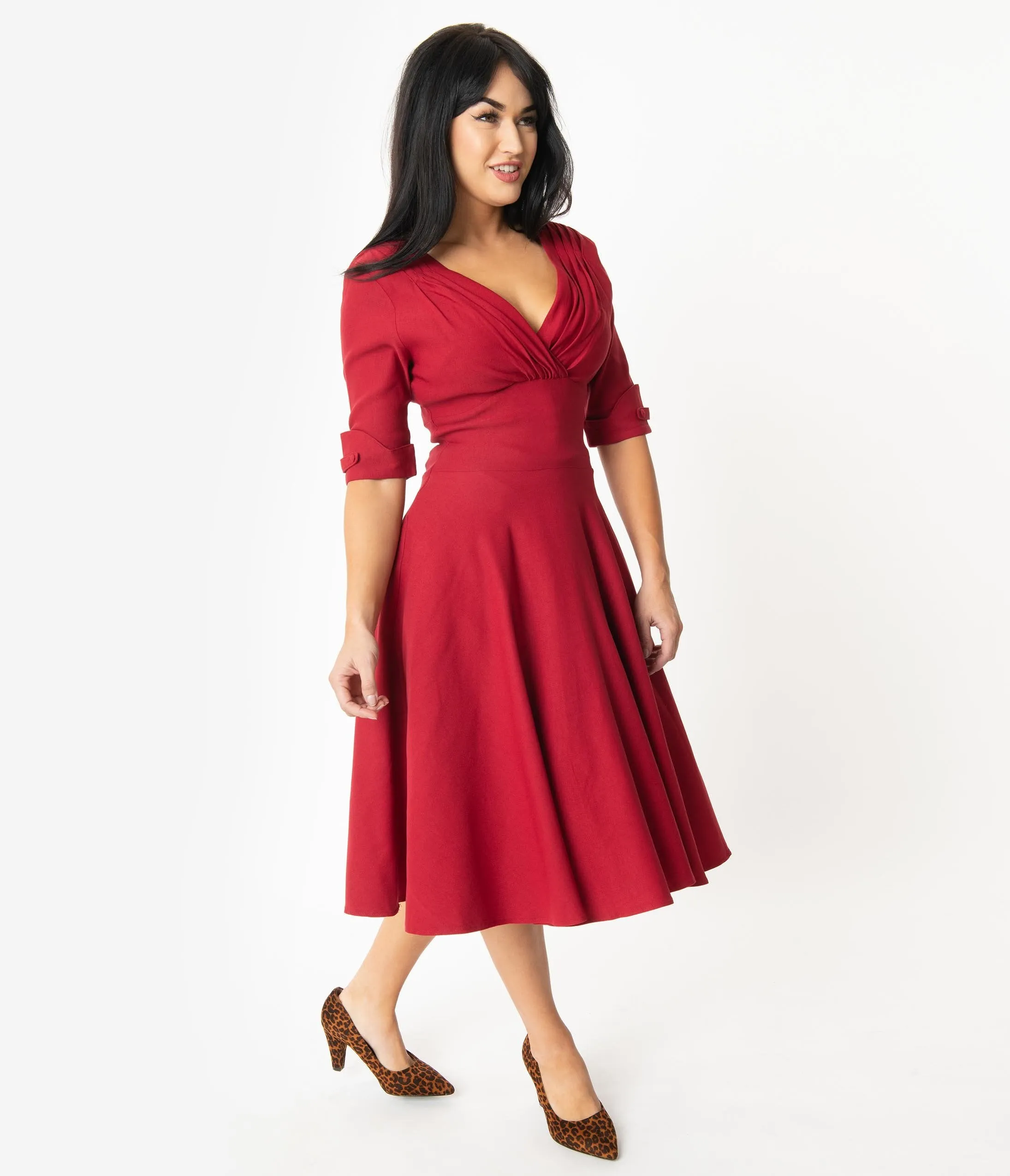 Unique Vintage 1950s Merlot Red Delores Swing Dress with Sleeves