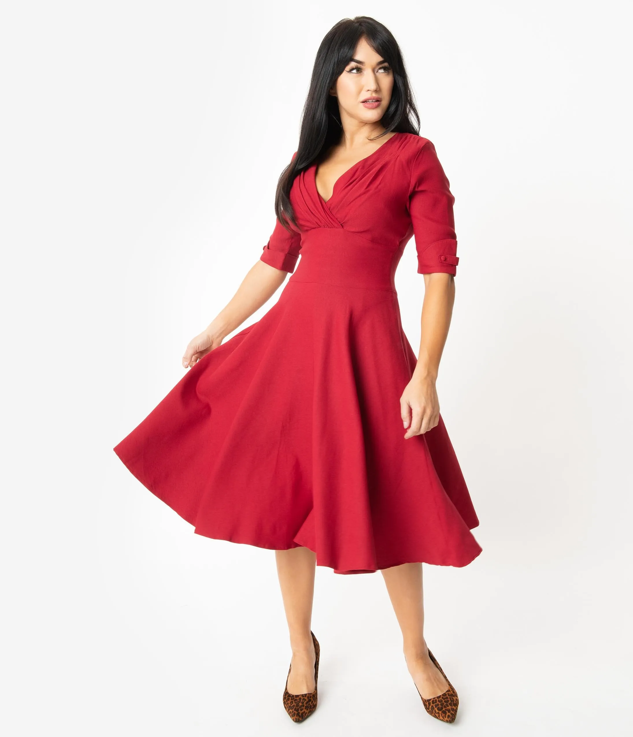 Unique Vintage 1950s Merlot Red Delores Swing Dress with Sleeves