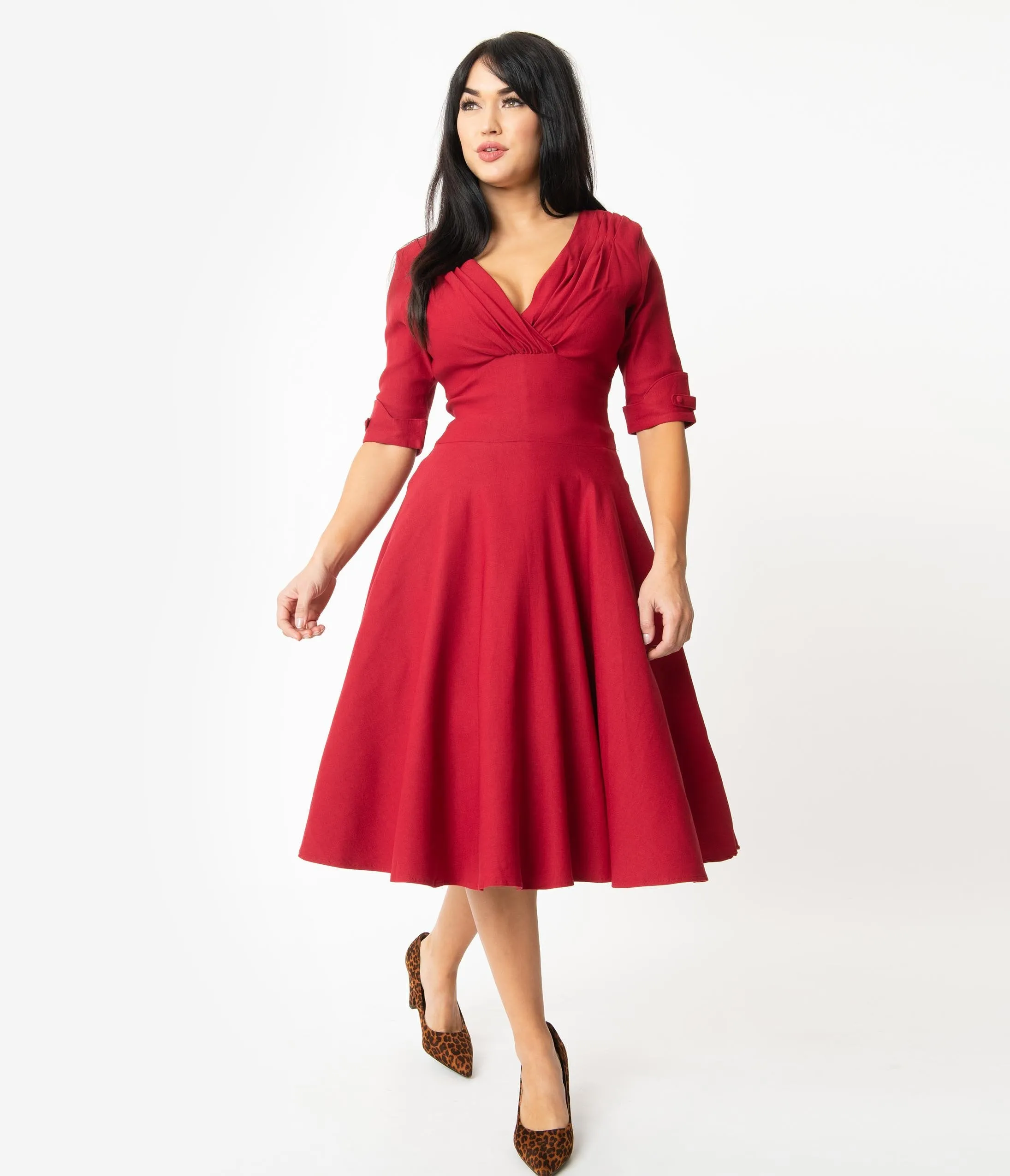 Unique Vintage 1950s Merlot Red Delores Swing Dress with Sleeves
